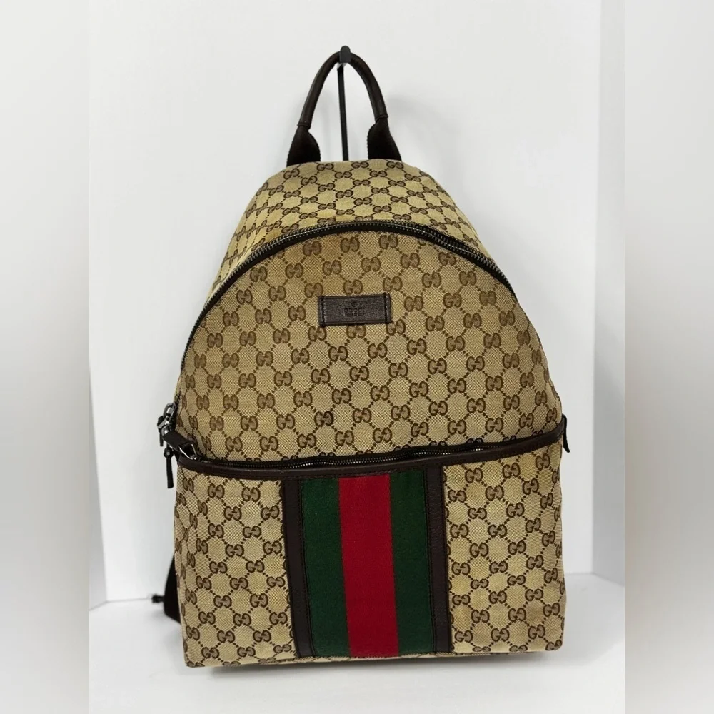 Gucci GG Supreme Cambas Web Monogram Beige and Green Backpack